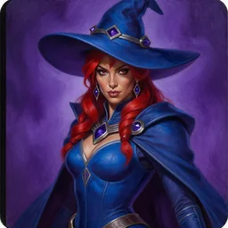 painting of alluring thaumaturge brown woman in the purple void, detailed face, tied red hair, skintight blue tunic, cloak, pointy hat, obsidian accessories, high fantasy, dnd, smooth, sharp focus, award - winning, masterpiece, extremely detailed, intricate, art by rebecca guay, wlop, collectible card art
