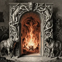 portal to hell, carved with writhing bodies, hellfire, flanked by cerebus, by Gustav Dore