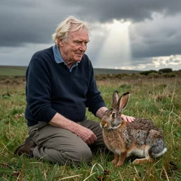 david attenborough sitting next to a fanged rabbit, still from nature documentary