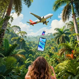 bottom up shot of plane dropping smartphones in the jungle by jill charuk, colorful, highly detailed, decollage 4 k