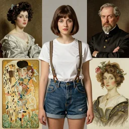 a woman with bob haircut in shorts with suspenders and white t-shirt drawn by william adolphe bouguereau, norman rockwell, hajime sorayama, peter paul rubens, alphonse mucha, gustav klimt 4k, unreal 5, DAZ, french noveau, trending on artstation, octane render, hyperrealistic