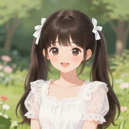 a beautiful digital illustration portrait of a pretty girl, happy kawaii, hestia, with bangs and twintails, dark hair with bow ties, wearing a white lace dress. in a garden, by ilya kuvshinov artgerm