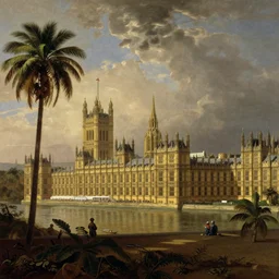 Houses of parliament with palm trees, painted by William Hogarth, detailed