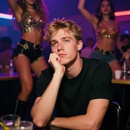 photo of a 4 0 year old white man living thinking he's living the best life possible. he looks young for his age. he is at a strip club, the woman can be seen dancing on him, it's as if he were in a music video and didn't know it. sadly he did not realize there is more to life.