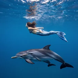 a mermaid, which is a woman on top and a fish on bottom, swimming underwater with dolphins, photograph, nikon