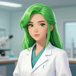 a beautiful cyclops girl with green hair wearing a labcoat, digital art