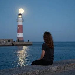 in the style of iraklij toidze. woman sitting at the harbour. lighthouse. full moon.