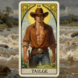 a dramatic, epic, ethereal tarot painting of a handsome brown shirtless cowboy | background is a torrential flooding river | tarot!! card, art deco, art nouveau | by Mark Maggiori | trending on artstation