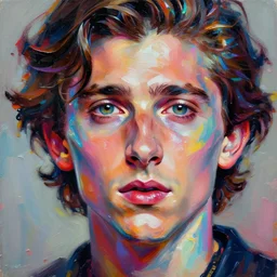 a Timothee Chalamet glossy iridescent, Face, Palette Knife Painting, Acrylic Paint, Dried Acrylic Paint, Dynamic Palette Knife Oil Paintings, Vibrant Palette Knife Portraits Radiate Raw Emotions, Full Of Expressions, Palette Knife Paintings by Francoise Nielly, Beautiful, Beautiful Face, surrealistic 3d illustration face non-binary, non binary model, 3d model human, cryengine, made of holographic texture, holographic material, holographic rainbow, concept of cyborg and artificial intelligence