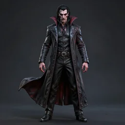 full body painting of an intimidating male vampire in the style of Pathfinder by Cushart Krenz and Dittmann Anna, handsome face, long coat, long dark hair, red eyes, highly detailed, trending on artstation, cgsociety, 4k, 8k, HDR, octane render, unreal engine