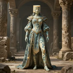 costume design made by blue cheese, sophisticated composition, old masters light composition, procedurally generated, character posing for concept art, ancient ruins behind, substance designer, PBR, HD, Ultra detailed, hyperrealistic, megascans, volumetric light, concept by master artist, made in paint tool SAI2, trending pixiv face