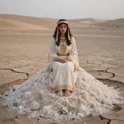 mound of salt shaped like a 30 year old woman in ancient Canaanite clothing, cracked desert background. somber. haunting. 40mm lens, shallow depth of field, split lighting