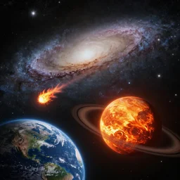milky way galaxy, fiery comet, earth and moon in foreground, mars, saturn, sun, high detail, realistic, unreal engine