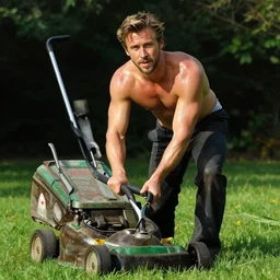 ryan gosling mowing a lawn, sunlight glistens on his sweaty skin, painting by gaston bussiere, craig mullins, j. c. leyendecker, tom of finland