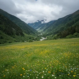 a wide angle photograph of a huge valley, there are meadows full of colourful flowers, green grass, forests, rivers, clouds in the sky, intricate detail, cinematic lighting, DSLR