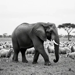 an elephant walking in a field of sheep, Salgado, black and white, photograph, phaidon