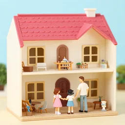 miniature family in front of cutaway dollhouse