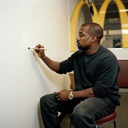 Kanye West sitting alone at Mcdonalds, painting