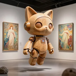 3 d octane render ultra photorealistic 8 k hyper detailed, a very very cute wooden statue robot of the roman cat ears cyberpunk flying in the space intergalactic in a contemporary art gallery in neo tokyo artwork by alphonse mucha