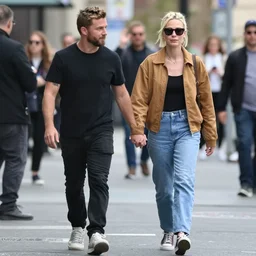 pete davidson walking on the street, holding hands with tilda swinton, candid photograph