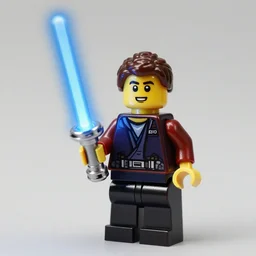 han solo holding a blue lightsaber lego figure
