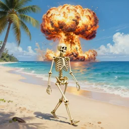 Beautiful painting of relaxed skeleton walking on the tropical beach with nuclear bomb explosion on the ocean, high quality, trending on Artstation, realistic, highly detailed big nuclear explosion in the background, vibrant light color scheme, anatomically accurate skeleton, coherent, photorealism