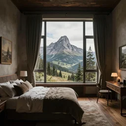 very wide angle photograph of a cozy bedroom with a huge window designed by hr giger