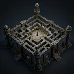 3D game model of a dark fantasy dungeon maze, highly detailed dark fantasy illustration