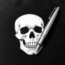 A fountain pen lying on an black canvas, leaking ink, in shape of a skull, award winning photography, black and white, law of thirds