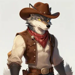 character portrait feature of the anthro male anthropomorphic wolf fursona wearing cowboy outfit wild west desperado character design stylized by charlie bowater, ross tran, artgerm, and makoto shinkai, detailed, soft lighting, rendered in octane