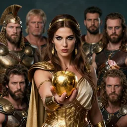 eris, greek goddess of chaos, holding an reflective gold!!! metal apple, goddess of chaos, in the trojan war, mortal kombat mk 1 1 carl spitzweg, ismail inceoglu, vdragan bibin, hans thoma, greg rutkowski, alexandros pyromallis, perfect face, sharply focused, sharply detailed, centered, rule of thirds, realistic