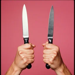 extremely detailed studio photograph of hands - holding knives. surreal photograph, lo - fi, polished look, solid background, silly and serious, hermes ad, fashion photography, toiletpaper magazine by pierpaolo ferrari and maurizio cattelan, 3 5 mm photograph, colourful, david lachapelle, canon eos c 3 0 0, 8 k, medium - format print