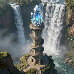 Tower surrounded by a spiral staircase. Tower standing at the edge of a huge waterfall. Giant crystal on top of the tower. Detailed gorgeous art, trending on ArtStation by Ted Nasmith.