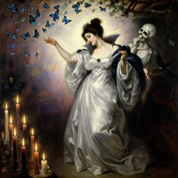 a renaissance oil painting by Alma Tadema of Demonic beautiful vampire woman mistress of death mourning widow dancing with a swarm of blue butterflies embracing her, faint smile dark lipstick, hair bun, earrings, dozens of massive dark lit candles, colourful pastel trending artstation, detailed portrait academic Bouguereau caravaggio high shadow contrast, sharp focus medium shot