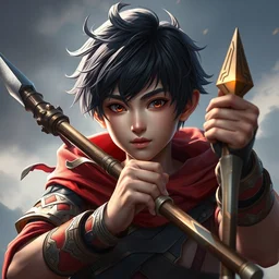 a masterpiece portrait of nezha, handsome kid holding spear, hero action pose, fantasy character portrait, hyper detailed, digital painting, 8 k realistic, trending on artstation, sharp focus, dof, by fenghua zhong, artgerm, ne zha from smite, tsuyoshi nagano, top lighting