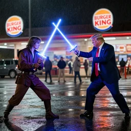 Anakin Skywalker Lightsaber fight vs Donald Trump, location Burger King parking lot, rainy night