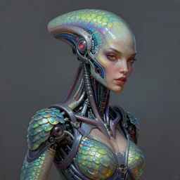 ultra realist intricate detailed painting of a single attractive alien female, neon scales and cyborg tech, hyperrealistic, soft lighting, octane render