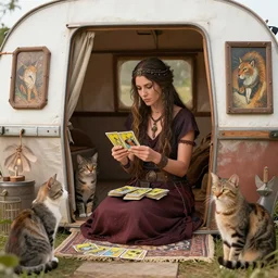 Gypsy lady doing tarot card reading inside a gypsy caravan surrounded by cats, art nouveau, 1878, Alphonse Mucha, decorative panels, old paper, soft outline