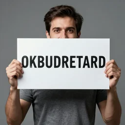 stock photo of a man holding a sign that says OKBUDRETARD, realistic, detailed image, HDR, HDD, Clear Image, RTX ON, C 10.0