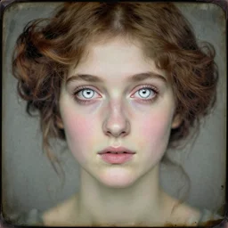 a beautiful young lady with huge bright silver eyes, colored vintage daguerreotype by pontormo, by gustave moreau, by Mackintosh, by schiele, art noveau, highly detailed, strong lights, liminal, eerie, Bright pastel colors