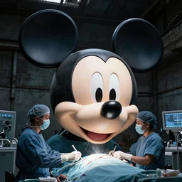 a giant mickey mouse head going through a surgery inside of a dark old warehouse, art by beeple