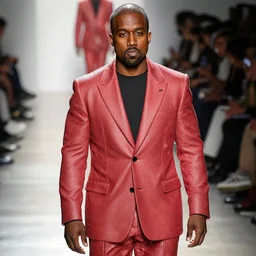 kanye west wearing a suit made of steak, runway photo