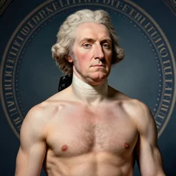 a presidential portrait, of the muscular, shirtless, president thomas jefferson.