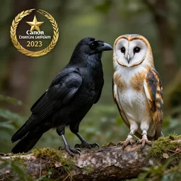 professional photo of a hybrid crow and barn owl, national geographic, nature, photo in the forest, studio lighting, very detailed, unreal engine, canon photo, professional lighting, good composition, winning award photo, real hybrid crow and barn owl, real,