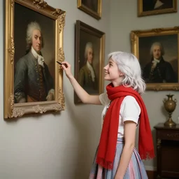 a teen curator with light white hair and red scarf, cheerful, modern fashion dress from the year 1 9 9 9, is ( ( looking at portraits on a wall ) ). light dust, magnificent, hyperdetailed, theatrical, painted by jean honore fragonard