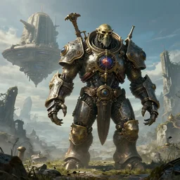 highly detailed elden ring portrait photo of a huge steampunk golurk. a massive spaceship in the background in a scenic megalophobic dystopian environment, hyperrealistic illustration by william didier - pouget