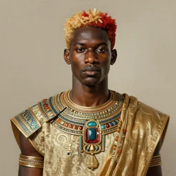 a professionally painted african male model , clothed in ancient suit, dark skin, red gold hair, beautiful bone structure, symmetrical features, stunningly beautiful, intricate, elegant, digital painting, smooth, sharp focus, illustration, made by Kehinde Wiley, Kara Walker, Jacob Lawrence, Sam Gilliam, Edmonia Lewis,