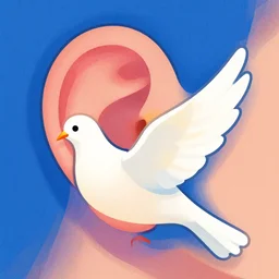 illustration of dove in an ear canal, palette of primaries, bright colours, flat linework, grainy filter, stippling
