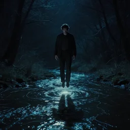 dark eerie movie frame, a man levitating above the magic shining river styx, at night, otherworldly, dreamlike stanley kubrick, 1 7 mm, panorama shot, surreal, deep, detailed 4 k
