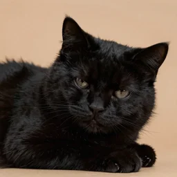 Black cat with very puffy fur. The cat looks very soft and cuddly, and seems to be enjoying a good nap. The background is a warm, light brown color, and the cat's fur is a similar shade. The overall effect is very calming and serene. Yellow solid background. Pixar Style